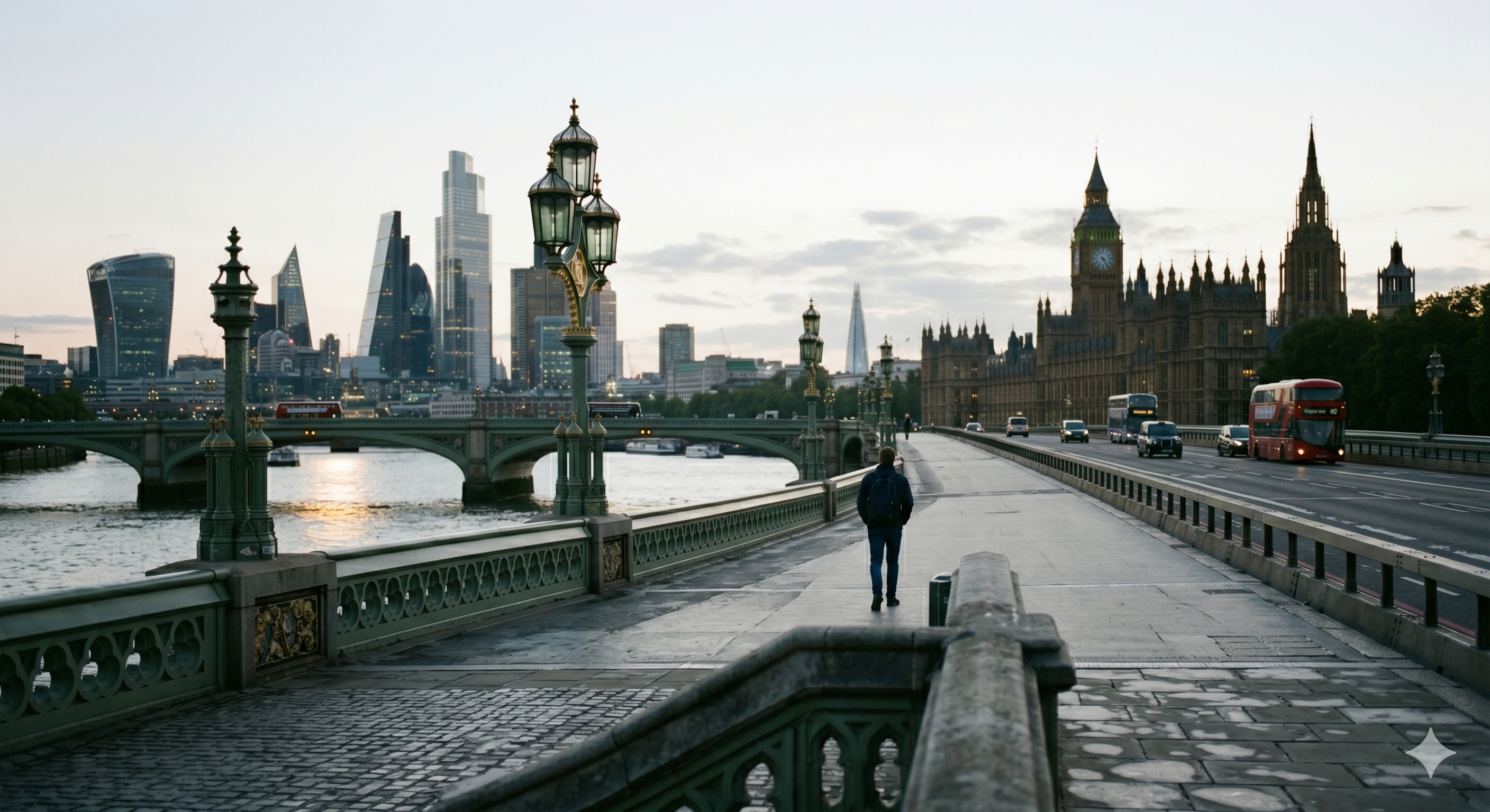 A lone member of the public standing on Westminster Bridge at first light, framed between the Houses of Parliament and the modern towers of the City of London.