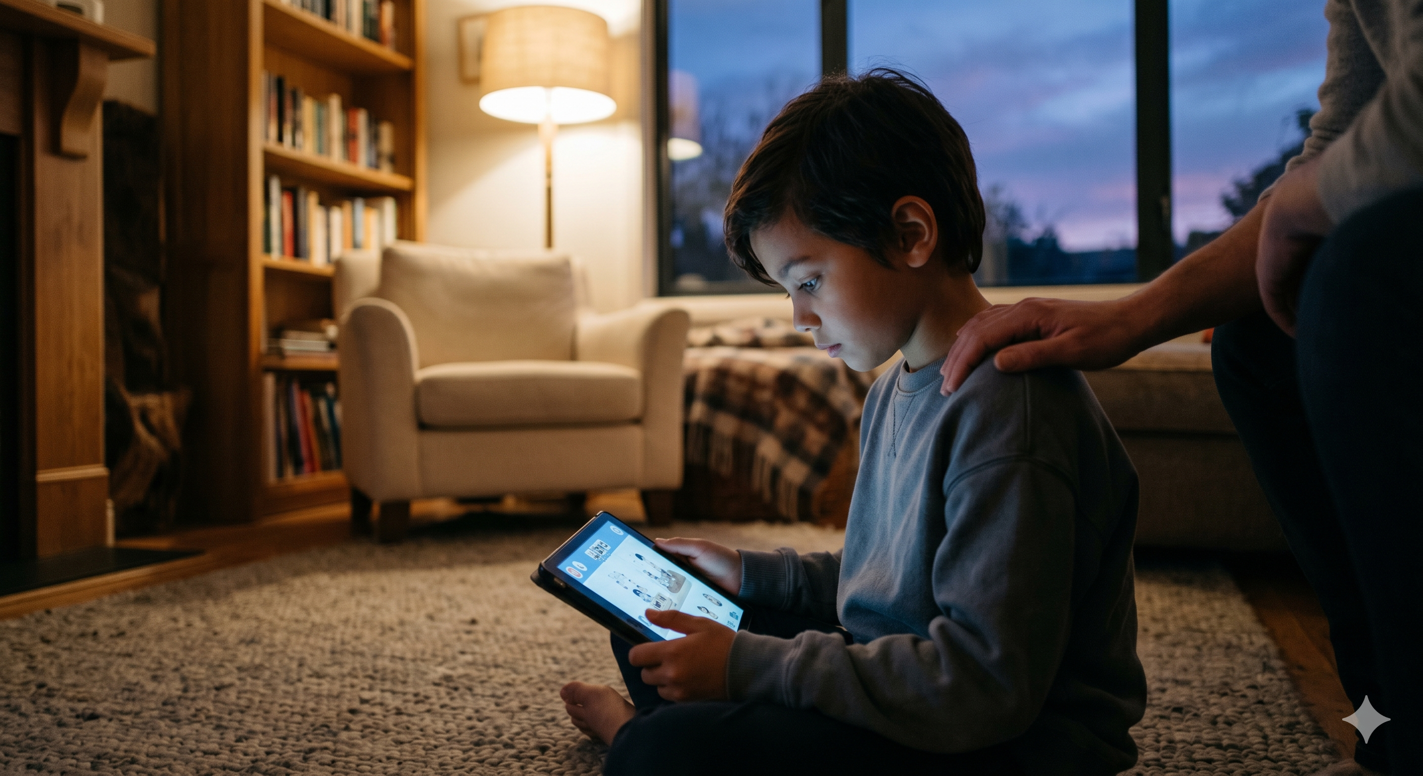 A child on a rug holding a tablet, with a parent's hand resting reassuringly on their shoulder from just out of frame.