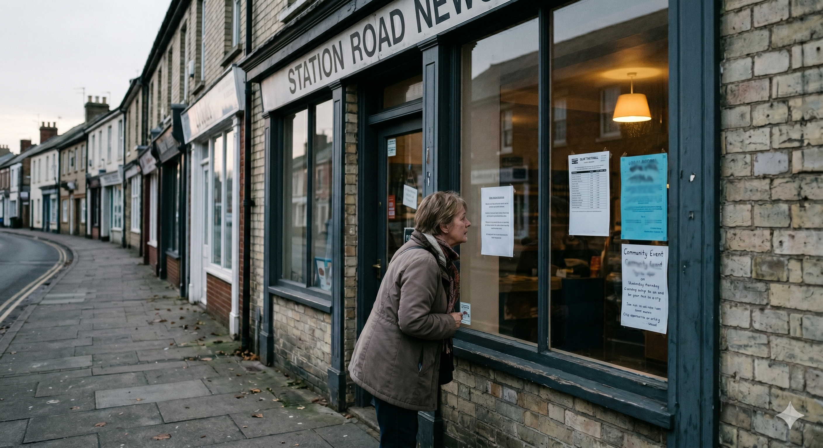 A UK high-street shopfront with a small, dignified notice displayed in the window indicating AI is in use, a passer-by pausing to read it.