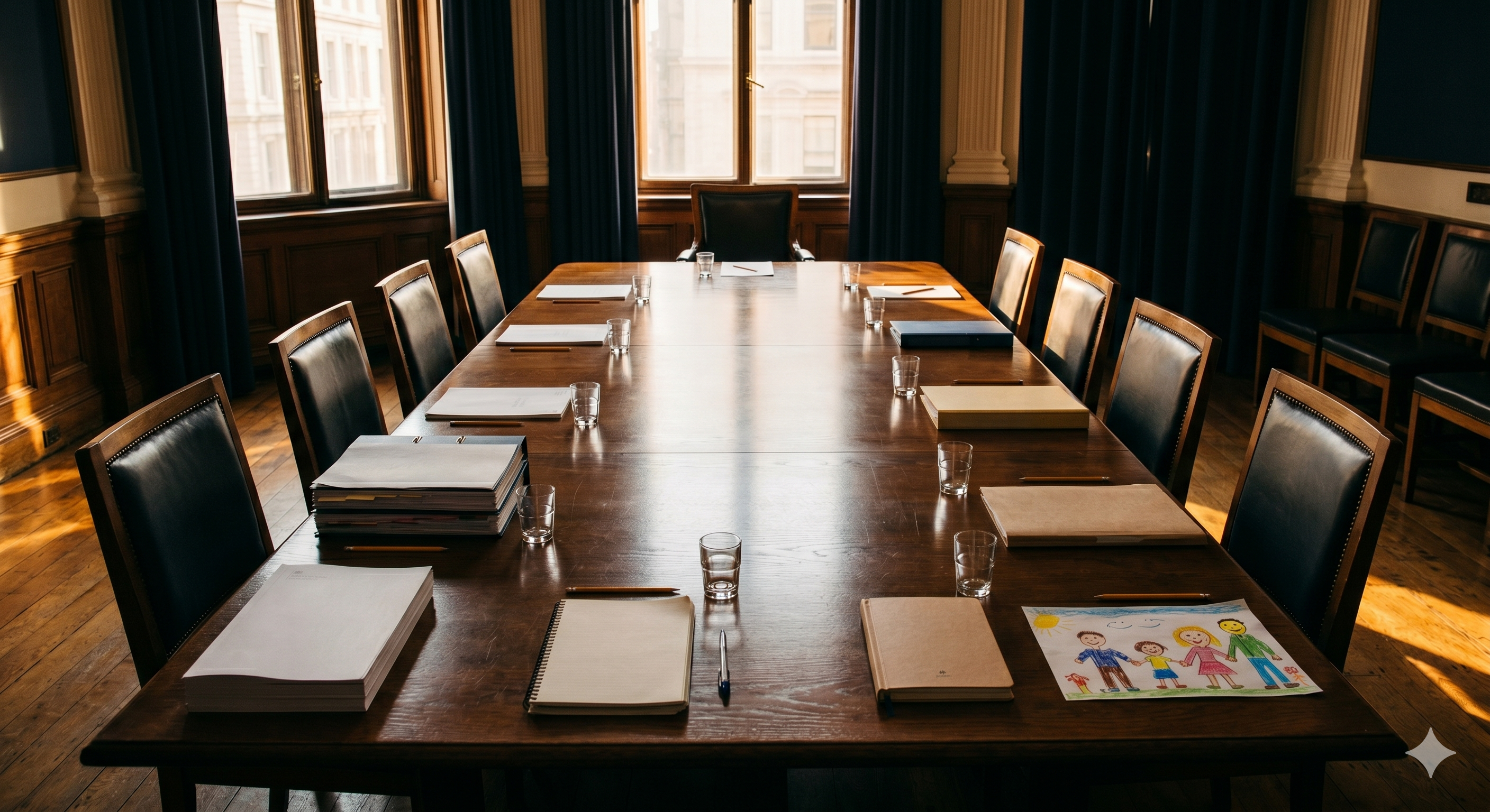 A long polished meeting-room table set with folders and briefing papers from a range of stakeholders, with one chair at the head left open for the public.