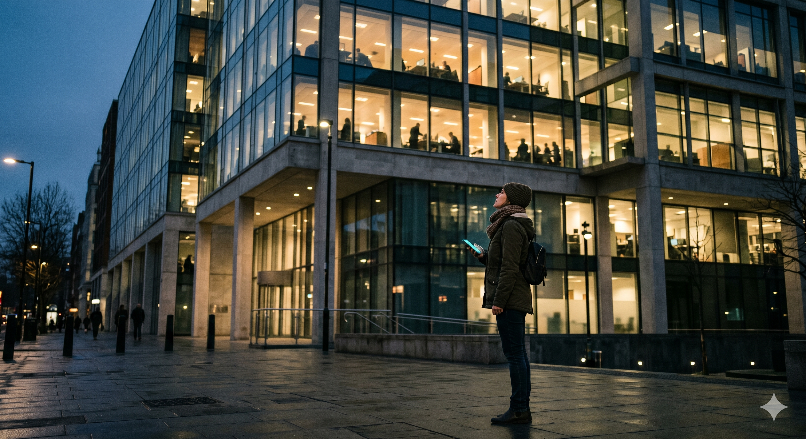 A member of the public outside a glowing government building at dusk, looking up at decisions being made inside.